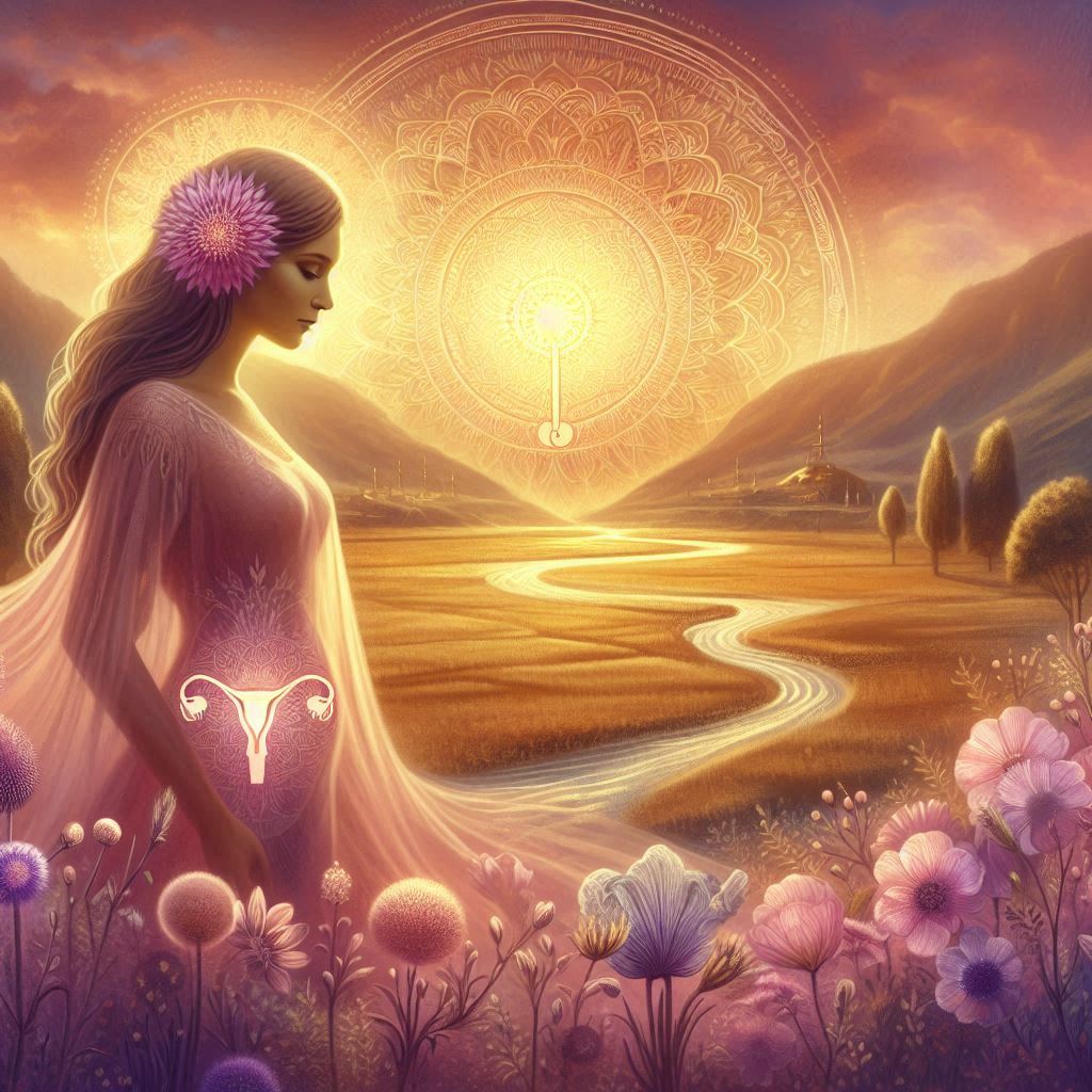 Mujer serena en un campo andaluz al atardecer, con luz dorada y mandala andino. Flores y ondas púrpu